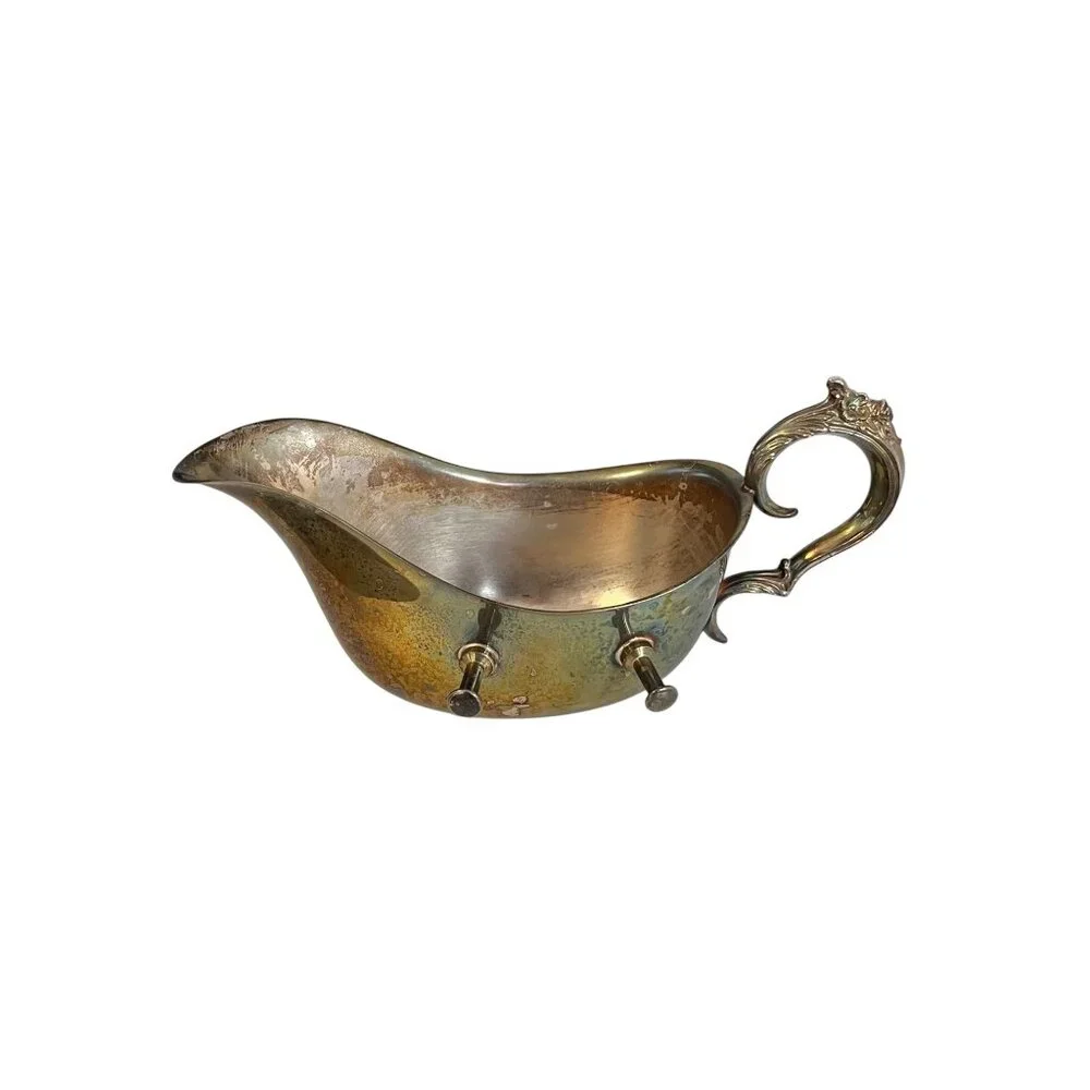 Vintage F.B. Rogers Silver Co Gravy Boat Footed Tarnished Silverplate Ornate Han